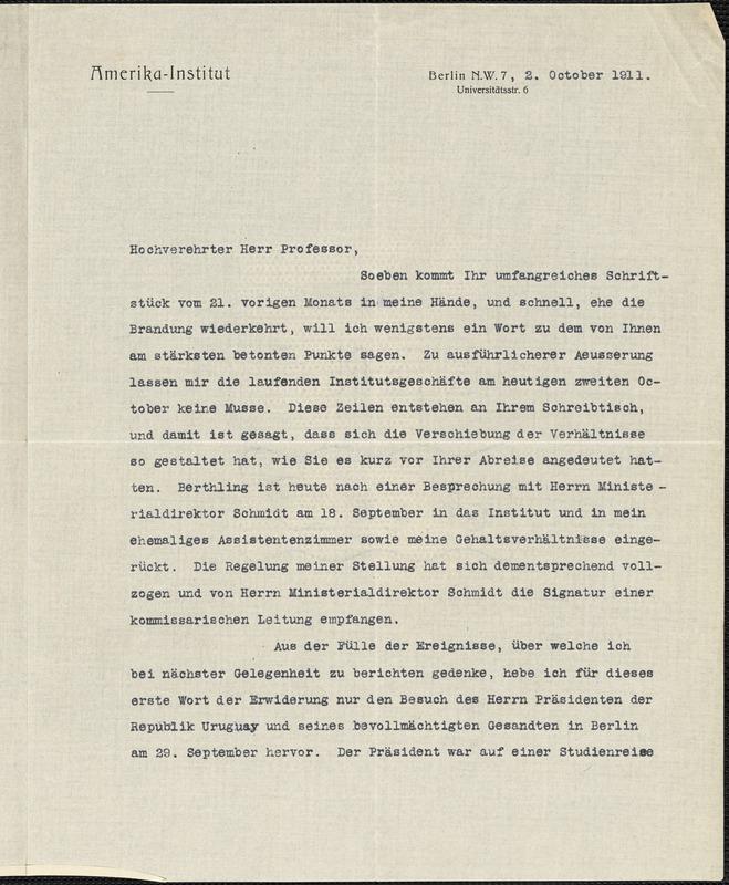 Drechsler, Robert Walter, fl. 1913 typed letter signed to Hugo Münsterberg, Berlin, 02 October 1911