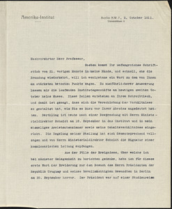 Drechsler, Robert Walter, fl. 1913 typed letter signed to Hugo Münsterberg, Berlin, 02 October 1911