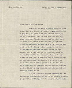 Drechsler, Robert Walter, fl. 1913 typed letter signed to Hugo Münsterberg, Berlin, 14 October 1911