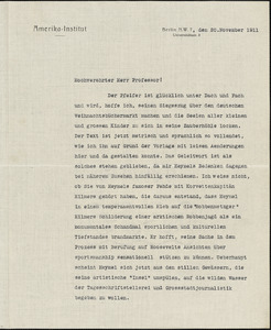 Drechsler, Robert Walter, fl. 1913 typed letter signed to Hugo Münsterberg, Berlin, 20 November 1911