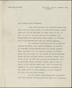Drechsler, Robert Walter, fl. 1913 typed letter signed to Hugo Münsterberg, Berlin, 13 December 1911