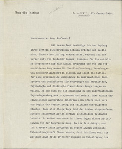 Drechsler, Robert Walter, fl. 1913 typed letter signed to Hugo Münsterberg, Berlin, 17 January 1912