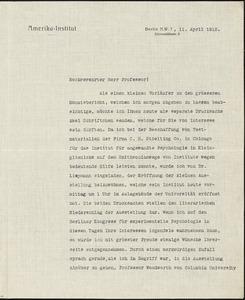 Drechsler, Robert Walter, fl. 1913 typed letter signed to Hugo Münsterberg, Berlin, 11 April 1912
