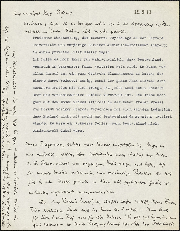 Drechsler, Robert Walter, fl. 1913 autograph letter signed to Hugo Münsterberg, Berlin, 19 September 1913