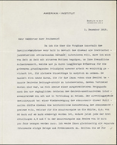 Drechsler, Robert Walter, fl. 1913 typed letter signed to Hugo Münsterberg, Berlin, 1 December 1913