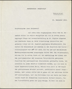 Drechsler, Robert Walter, fl. 1913 typed letter signed to Hugo Münsterberg, Berlin, 31 December 1913