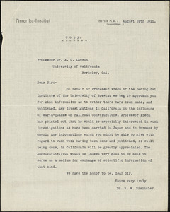 Drechsler, Robert Walter, fl. 1913 typed letter (copy) to A. Lawson, Berlin, 1 March 1912