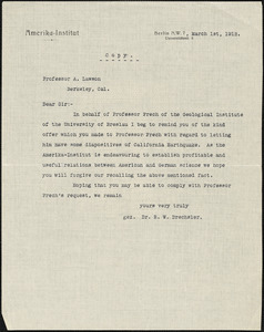 Drechsler, Robert Walter, fl. 1913 typed letter to A.C. Lawson, Berlin, 1 March 1912