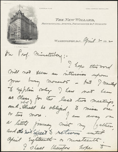 Dreyfus, Lilian Gertrude (Shuman), d. 19-- autograph letter signed to Hugo Münsterberg, Washington, D.C., 02 April 1902
