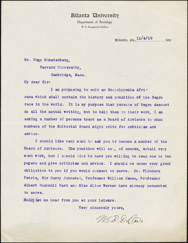 Du Bois, W. E. B. (William Edward Burghardt), 1868-1963 typed letter signed to Hugo Münsterberg, Atlanta, Ga., 04 November 1909