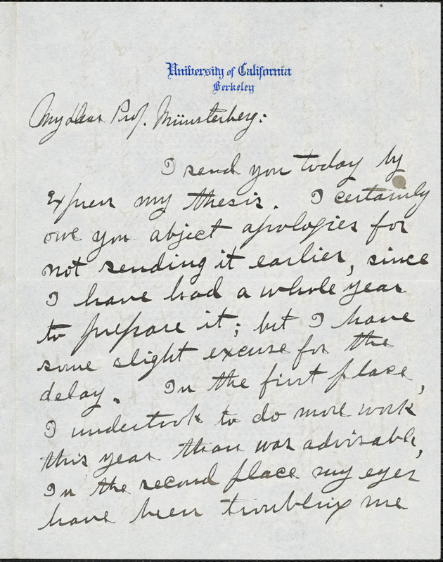 Dunlap, Knight, 1875-1949 autograph letter signed to Hugo Münsterberg, Berkeley, Calif., 18 April 1903