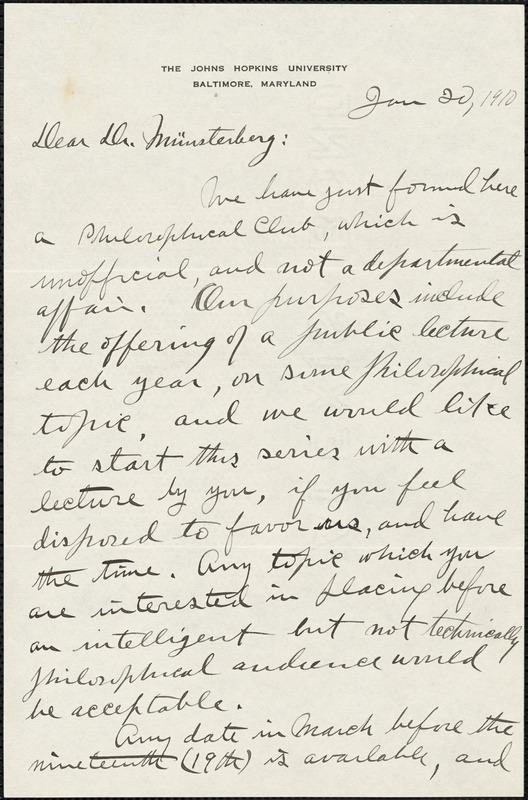 Dunlap, Knight, 1875-1949 autograph letter signed to Hugo Münsterberg, Baltimore, 20 January 1910
