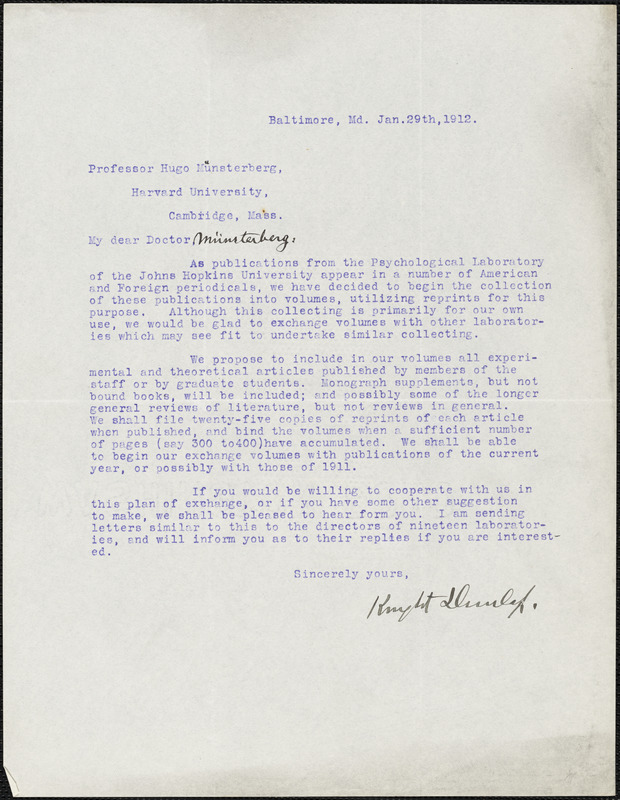 Dunlap, Knight, 1875-1949 typed letter signed to Hugo Münsterberg, Baltimore, 29 January 1912