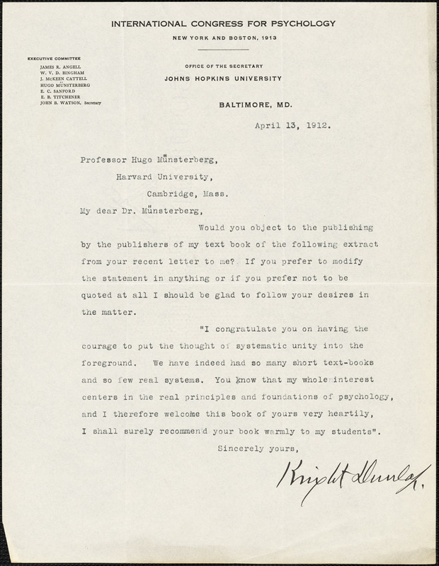 Dunlap, Knight, 1875-1949 typed letter signed to Hugo Münsterberg, Baltimore, 13 April 1912