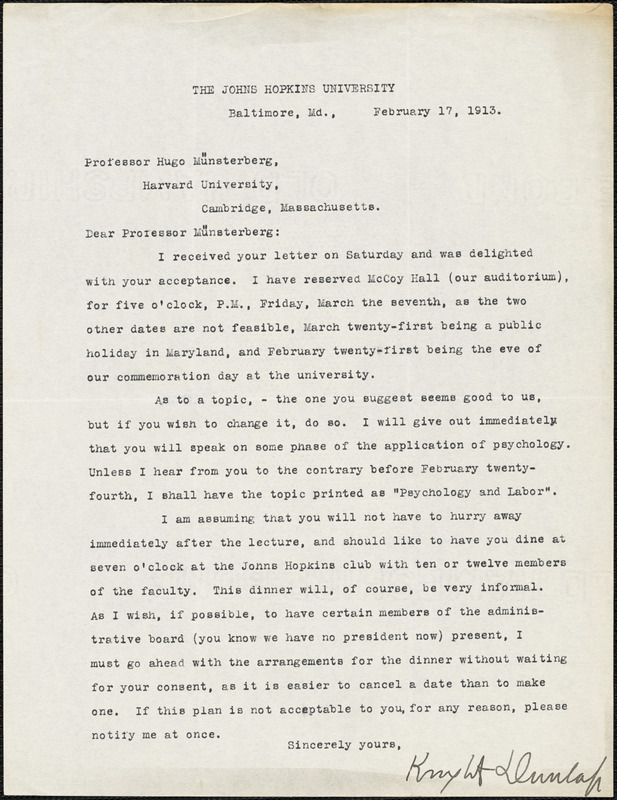 Dunlap, Knight, 1875-1949 typed letter signed to Hugo Münsterberg, Baltimore, 17 February 1913