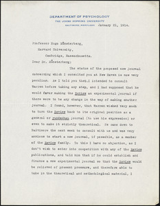 Dunlap, Knight, 1875-1949 typed letter signed to Hugo Münsterberg, Baltimore, 21 January 1914