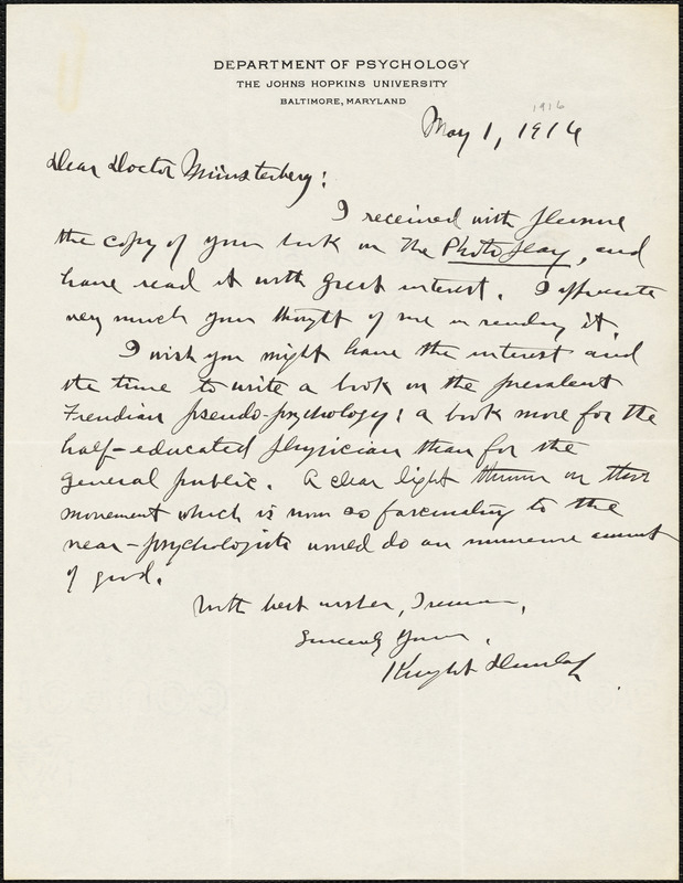 Dunlap, Knight, 1875-1949 autograph letter signed to Hugo Münsterberg, Baltimore, 1 May 1916