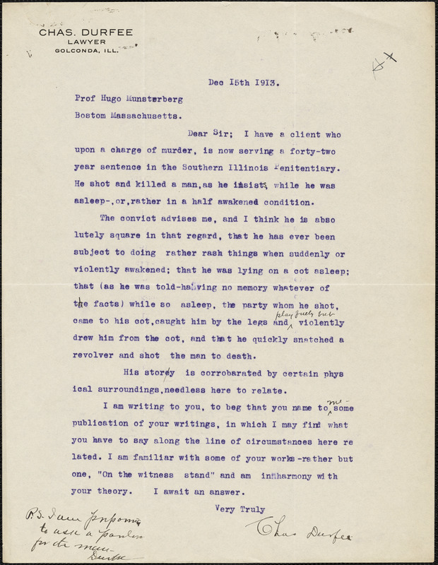 Durfee, Charles, fl. 1913 typed letter signed to Hugo Münsterberg, Golconda, Ill., 15 December 1913