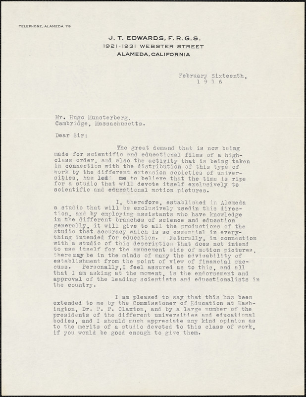 Edwards, J T, fl. 1916 typed letter signed (signed per H.B.) to Hugo Münsterberg, Alameda, Calif., 16 February 1916