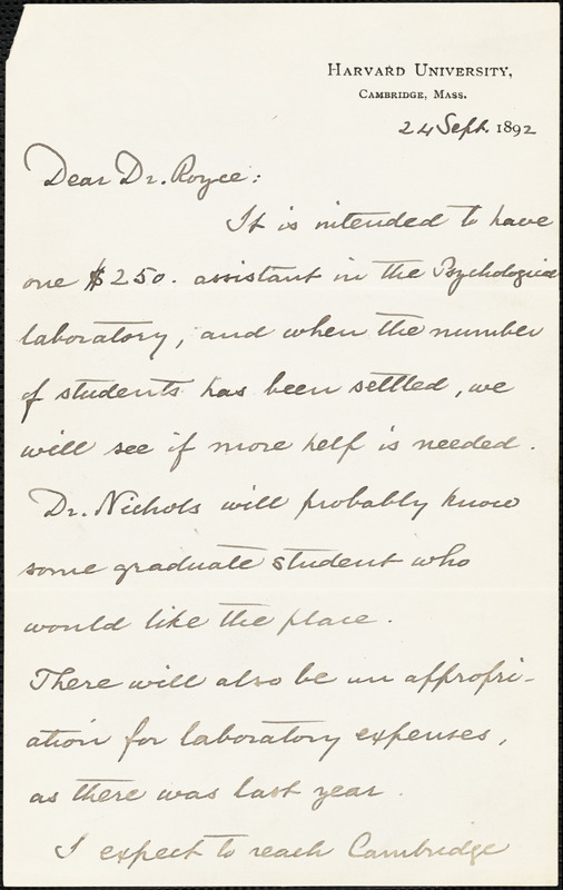 Eliot, Charles William, 1834-1926 autograph letter signed to Joshua Royce, Cambridge, Mass., 24 September 1892