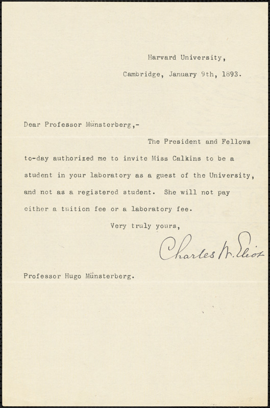 Eliot, Charles William, 1834-1926 typed letter signed to Hugo Münsterberg, Cambridge, Mass., 9 January 1893