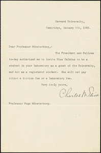 Eliot, Charles William, 1834-1926 typed letter signed to Hugo Münsterberg, Cambridge, Mass., 9 January 1893
