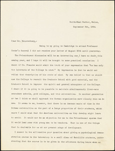 Eliot, Charles William, 1834-1926 typed letter signed to Hugo Münsterberg, North East Harbor, Me., 8 September 1894