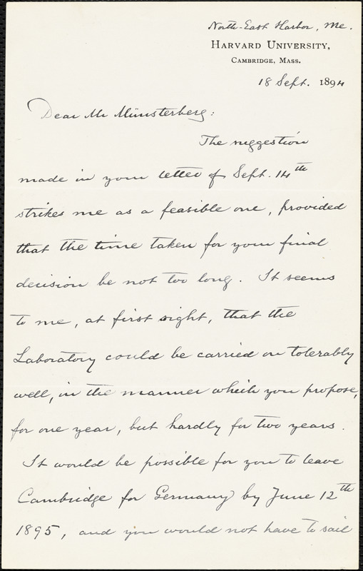 Eliot, Charles William, 1834-1926 autograph letter signed to Hugo Münsterberg, North East Harbor, Me., 18 September 1894