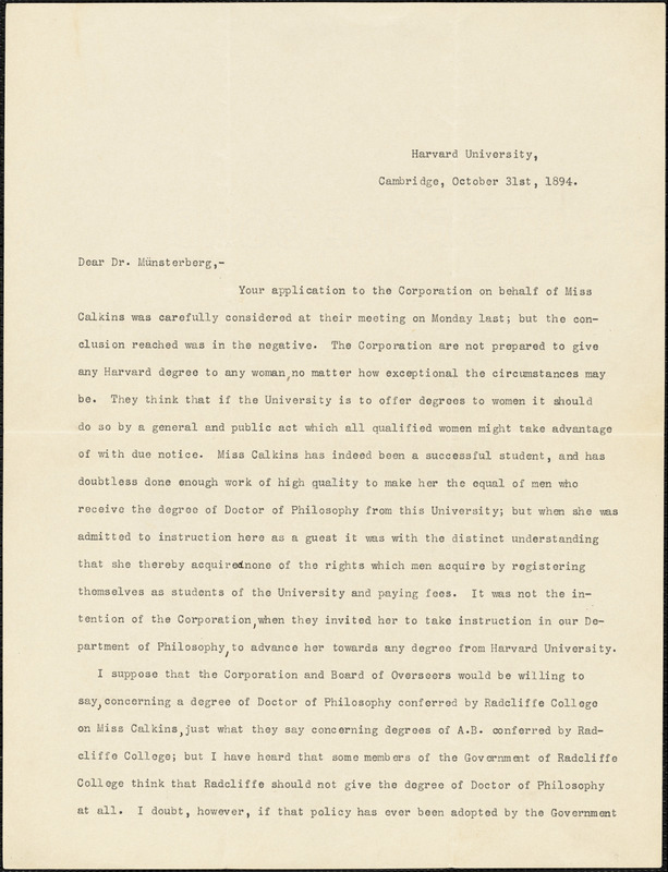 Eliot, Charles William, 1834-1926 typed letter signed to Hugo Münsterberg, Cambridge, Mass., 31 October 1894