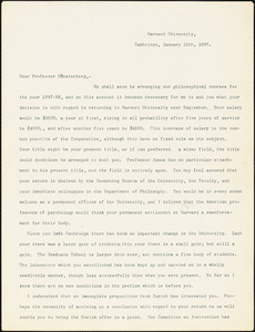 Eliot, Charles William, 1834-1926 typed letter signed to Hugo Münsterberg, Cambridge, Mass., 15 January 1897