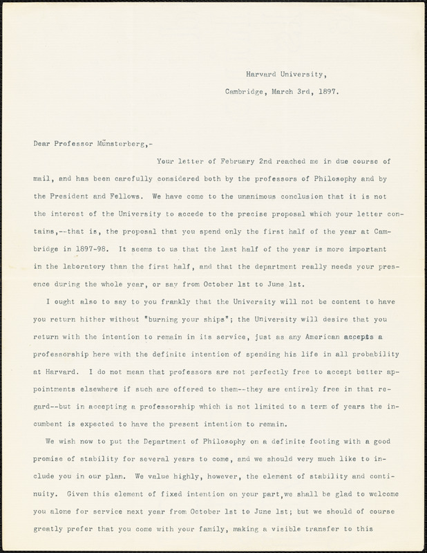 Eliot, Charles William, 1834-1926 typed letter signed to Hugo Münsterberg, Cambridge, Mass., 3 March 1897