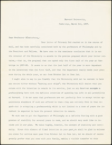 Eliot, Charles William, 1834-1926 typed letter signed to Hugo Münsterberg, Cambridge, Mass., 3 March 1897