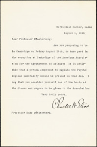 Eliot, Charles William, 1834-1926 typed letter signed to Hugo Münsterberg, North East Harbor, Me., 5 August 1898