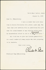 Eliot, Charles William, 1834-1926 typed letter signed to Hugo Münsterberg, North East Harbor, Me., 31 August 1898