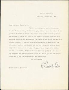 Eliot, Charles William, 1834-1926 typed letter signed to Hugo Münsterberg, Cambridge, Mass., 3 October 1898