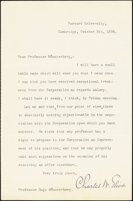 Eliot, Charles William, 1834-1926 typed letter signed to Hugo Münsterberg, Cambridge, Mass., 5 October 1898