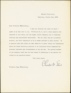 Eliot, Charles William, 1834-1926 typed letter signed to Hugo Münsterberg, Cambridge, Mass., 8 October 1898