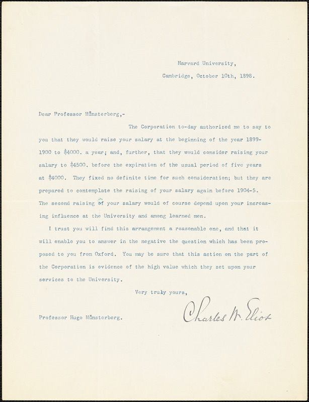 Eliot, Charles William, 1834-1926 typed letter signed to Hugo Münsterberg, Cambridge, Mass., 10 October 1898