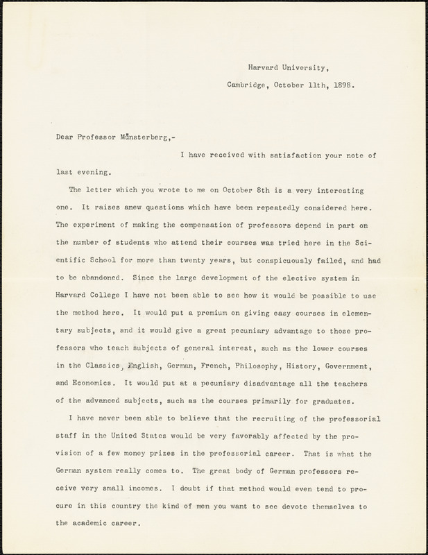 Eliot, Charles William, 1834-1926 typed letter signed to Hugo Münsterberg, Cambridge, Mass., 11 October 1898