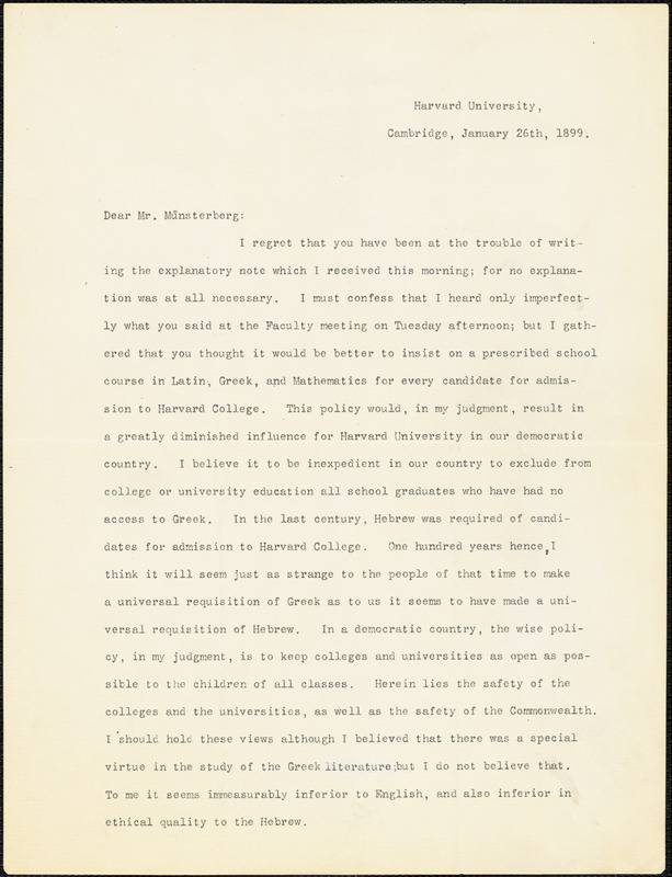 Eliot, Charles William, 1834-1926 typed letter signed to Hugo Münsterberg, Cambridge, Mass., 26 January 1899