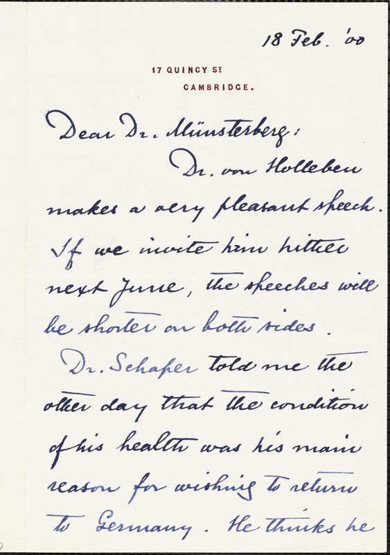 Eliot, Charles William, 1834-1926 autograph letter signed to Hugo Münsterberg, Cambridge, Mass., 18 February 1900