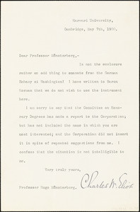 Eliot, Charles William, 1834-1926 typed letter signed to Hugo Münsterberg, Cambridge, Mass., 7 May 1900