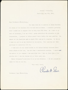 Eliot, Charles William, 1834-1926 typed letter signed to Hugo Münsterberg, Cambridge, Mass., 8 May 1900