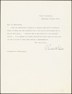 Eliot, Charles William, 1834-1926 typed note signed to Hugo Münsterberg, Cambridge, Mass., 30 April 1901
