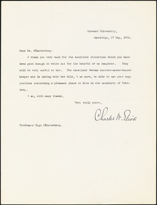 Eliot, Charles William, 1834-1926 typed note signed to Hugo Münsterberg, Cambridge, Mass., 17 May 1901
