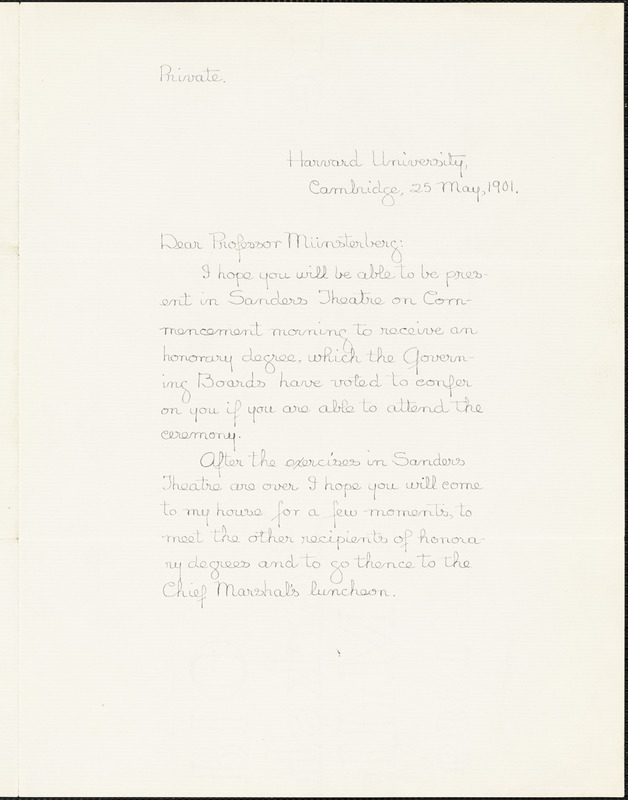 Eliot, Charles William, 1834-1926 manuscript letter signed to Hugo Münsterberg, Cambridge, Mass., 25 May 1901