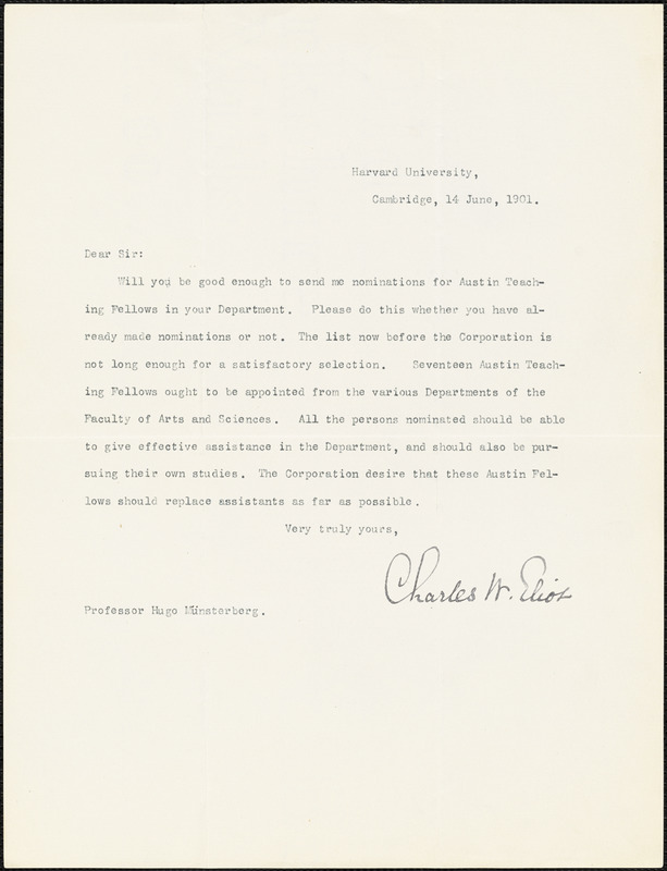 Eliot, Charles William, 1834-1926 typed letter signed to Hugo Münsterberg, Cambridge, Mass, 14 June 1901