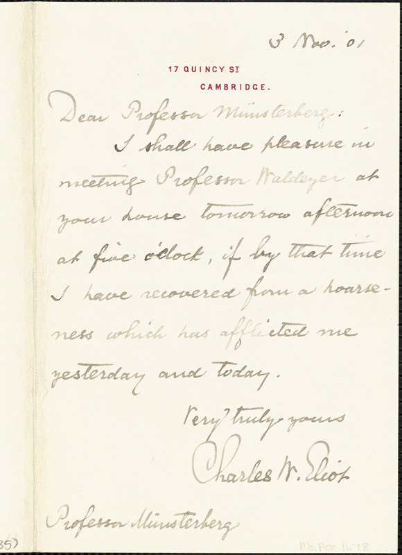 Eliot, Charles William, 1834-1926 autograph note signed to Hugo Münsterberg, Cambridge, Mass., 3 November 1901