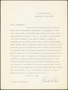 Eliot, Charles William, 1834-1926 typed letter signed to Hugo Münsterberg, Cambridge, Mass., 3 December 1901