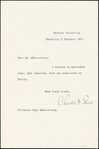 Eliot, Charles William, 1834-1926 typed note signed to Hugo Münsterberg, Cambridge, Mass., 3 December 1901